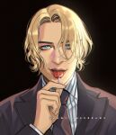  1boy artist_name black_background black_necktie blonde_hair blue_eyes candy commentary food formal holding holding_candy holding_food holding_lollipop instagram_username lollipop looking_at_viewer male_focus necktie one_piece one_piece_(live_action) open_mouth romy_jones_(romyjonesdraws) sanji_(one_piece) short_hair simple_background solo suit 