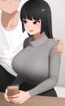  1boy 1girl black_hair black_pants black_skirt breasts commentary_request faceless faceless_male flying_sweatdrops glass grey_eyes grey_sweater hand_on_another&#039;s_shoulder highres huge_breasts long_hair long_sleeves original pants senju_(snz0) shirt sitting skirt solo_focus sweater textless_version turtleneck turtleneck_sweater white_shirt 