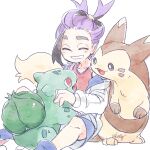  1boy black_hair bulbasaur closed_eyes furret jacket karatou kieran_(pokemon) long_sleeves male_focus mole mole_on_neck open_clothes open_jacket open_mouth pokemon pokemon_(creature) pokemon_sv purple_hair red_eyes red_tank_top shorts simple_background sitting tank_top twitter_username white_background 