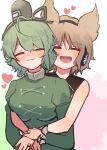  2girls absurdres black_headwear blush brown_hair closed_eyes closed_mouth commentary_request dress earmuffs green_dress green_hair hat heart highres jewelry long_sleeves multiple_girls open_mouth pointy_hair ring soga_no_tojiko takana_(forsterite) tate_eboshi touhou toyosatomimi_no_miko upper_body variant_set yuri 