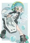  1girl black_footwear black_shorts bloblobber_(splatoon) blue_hair blue_trim border braid bubble commission dolphin_shorts eyebrow_cut fangs full_body green_eyes green_headphones headphones highres holding holding_weapon inkling inkling_girl inkling_player_character jacket long_hair long_sleeves multicolored_clothes multicolored_jacket open_mouth outside_border p-pepper roller_skates shorts single_braid skates solo splatoon_(series) splatoon_3 tentacle_hair two-tone_jacket watermark weapon white_border zipper zipper_pull_tab 