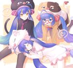  ! 3girls absurdres ahoge all_fours alternate_costume alternate_eye_color animal_hat arms_at_sides black_headwear black_pantyhose black_skirt black_sweater black_tail black_thighhighs blue_eyes blue_hair blunt_bangs blush border bow bowtie brown_headwear brown_tail cat_hat cat_tail closed_eyes closed_mouth dress facial_mark fang gradient_hair green_hair hair_between_eyes hair_ornament hairclip hat heart highres hood hood_down hoodie large_hat long_hair long_sleeves looking_at_another low_twintails multicolored_clothes multicolored_hair multicolored_headwear multicolored_tail multiple_girls multiple_persona necktie no_shoes open_mouth orange_background orange_eyes orange_hair orange_headwear orange_hoodie orange_tail otomachi_una otomachi_una_(spicy) otomachi_una_(sugar) otomachi_una_(talkex) pantyhose pink_bow pink_necktie pink_trim polka_dot polka_dot_background purple_hair red-framed_eyewear red_bow sitting skirt sleeping smile spoken_exclamation_mark spoken_heart streaked_hair striped_bow striped_clothes striped_sweater suiso_sn3 sweater tail talkex thighhighs turtleneck turtleneck_sweater twintails two-tone_hoodie v-shaped_eyebrows vertical-striped_sweater very_long_hair vocaloid white_border white_dress white_headwear white_hoodie white_tail white_trim zzz 
