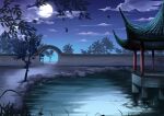 architecture blue_sky cloud east_asian_architecture falling_leaves full_moon gate gradient_sky grass leaf moon night night_sky no_humans original outdoors pond ripples ruoyux scenery sky tree 