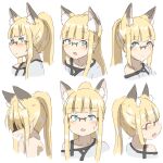  1girl :d ^_^ animal_ears bare_shoulders blue_eyes blush closed_eyes closed_mouth cropped_torso fox_ears glasses grey_shirt highres kuro_kosyou long_hair multiple_views nose_blush open_mouth original ponytail shaded_face shirt simple_background smile sweat upper_body v-shaped_eyebrows white_background 