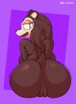 2020 animal_crossing anthro anus artist_name big_breasts big_butt breasts brown_body butt eulipotyphlan eyelashes female freckles genitals hedgehog hi_res mammal motion_lines nintendo nude open_mouth panickingad purple_background pussy quills_(anatomy) rear_view sable_able simple_background solo