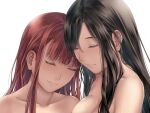  2girls black_hair closed_eyes closed_mouth collarbone commentary heads_together highres long_hair medium_hair multiple_girls nude original red_hair simple_background smile takekawa_shin upper_body white_background 