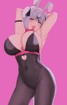  1girl animal_ears arm_up armpits breasts cyka from_below girls&#039;_frontline hairband highres huge_breasts looking_at_viewer playboy_bunny purple_eyes rabbit_ears rabbit_hole_(vocaloid) rpk-16_(girls&#039;_frontline) short_hair teardrop_tattoo twintails 