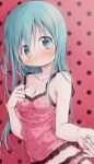  1girl :&lt; aqua_eyes aqua_hair blush breasts camisole cleavage embarrassed frilled_camisole frills full-face_blush hair_down hand_on_own_chest hatsune_miku head_tilt highres hitode holding_hands messy_hair midriff pink_background pink_camisole polka_dot polka_dot_background polka_dot_camisole pov pov_hands romeo_to_cinderella_(vocaloid) small_breasts solo_focus strap vocaloid 