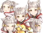  1girl absurdres animal_ear_fluff animal_ears arched_bangs cat_ears commentary eilier_project eyelashes glint gloves grey_hair highres medium_hair multiple_views nia_(xenoblade) open_mouth simple_background smile sweat thinking v-shaped_eyebrows white_background white_gloves xenoblade_chronicles_(series) xenoblade_chronicles_2 yellow_eyes 