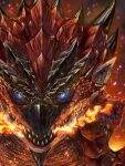  bearluxe blue_eyes breath_weapon breathing_fire chin_spike close-up dragon embers fire highres horns looking_at_viewer monster monster_focus monster_hunter_(series) open_mouth pointy_ears rathalos red_scales scales sharp_teeth signature slit_pupils solo spikes teeth wyvern 