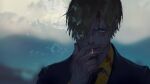  1boy black_jacket black_necktie blonde_hair blurry blurry_background bruise bruised_eye cigarette collared_shirt curly_eyebrows hair_over_one_eye injury jacket looking_at_viewer male_focus necktie one_piece sanji_(one_piece) shirt smoke smoking solo yellow_shirt yonekura_naoyasu 