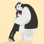  1girl baymax big_hero_6 black_coat black_footwear black_pants boots closed_eyes closed_mouth coat cosplay earrings full_body highres hug jewelry kagurabachi kakari_hiyuki mihara_tafuku mihara_tafuku_(cosplay) pants parody remremof simple_background smile yellow_background 