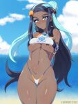  1girl absurdres adapted_costume armlet bikini black_hair blue_eyes blue_hair breasts crop_top dark-skinned_female dark_skin earrings eyeshadow hair_bun highres hoop_earrings jewelry long_hair looking_at_viewer ludinsketches makeup multicolored_hair navel necklace nessa_(pokemon) pokemon pokemon_swsh queen_of_spades_symbol single_hair_bun solo spade_tattoo sweat swimsuit tattoo thong thong_bikini two-tone_hair underboob undersized_clothes 