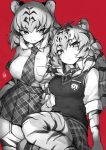  2girls animal_ears animal_print bangs bow breast_pocket collared_shirt commentary_request extra_ears eyebrows_visible_through_hair eyes_closed eyes_visible_through_hair garter_straps gloves greyscale hair_between_eyes hair_bow hatagaya japari_symbol kemono_friends long_hair looking_at_viewer low-tied_long_hair medium_hair monochrome multicolored_hair multiple_girls necktie parted_lips plaid plaid_neckwear plaid_skirt plaid_sleeves pocket print_gloves print_legwear red_background shirt short_sleeves siberian_tiger_(kemono_friends) sidelocks signature simple_background sitting skirt slit_pupils smile standing sweater_vest thighhighs tiger_(kemono_friends) tiger_ears tiger_print tsurime twintails wing_collar zettai_ryouiki 