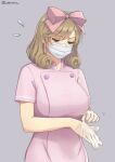  1girl alternate_costume artist_name blush bow breasts buttons covered_mouth curly_hair dress flying_sweatdrops gloves green_eyes grey_background hair_bow haruka_(senran_kagura) large_breasts lemonrou light_brown_hair mask medical_scrubs motion_lines mouth_mask nurse pink_bow pink_dress rubber_gloves senran_kagura senran_kagura_shoujo-tachi_no_shin&#039;ei short_hair short_sleeves simple_background solo surgical_mask swept_bangs twitter_username white_mask 