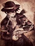  1boy collared_shirt cosplay cowboy gun hat highres holding holding_gun holding_weapon jacket komi-san_wa_komyushou_desu leather leather_jacket male_focus monochrome revolver shirt simple_background smoke smoking smoking_gun solo tadano_hitohito weapon white_shirt yyiek? 