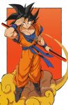  1boy absurdres black_eyes black_hair blue_footwear blue_sash blue_shirt boots dougi dragon_ball dragon_ball_z flying_nimbus highres holding holding_staff medium_hair muscular muscular_male orange_background orange_pants orange_shirt pants relio_db318 ruyi_jingu_bang saiyan sash shirt solo son_goku spiked_hair staff twitter_username 