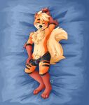 absurd_res animal_genitalia anthro arcanine bed blush boxers_(clothing) bulge canine_genitalia cheek_tuft claws clothed clothing facial_tuft flirting flirting_with_viewer fluffy fluffy_tail fully_sheathed fur furniture generation_1_pokemon genitals green_eyes half-closed_eyes hi_res katxfish looking_at_viewer lying male narrowed_eyes navel nintendo on_back orange_body orange_fur partially_clothed paws pokemon pokemon_(species) sheath smile solo tail toe_claws tuft underwear underwear_only