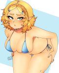 big_breasts blonde_hair blue_background blue_clothing blue_swimwear blush blush_lines bodily_fluids breasts breath_of_the_wild clothing eyelashes female green_eyes hair hand_on_leg hand_on_thigh hi_res humanoid humanoid_pointy_ears hylian looking_at_viewer navel nintendo open_mouth princess_zelda short_hair shutupblurry simple_background skindentation solo sweat sweatdrop swimwear tan_body tan_skin the_legend_of_zelda thick_thighs thigh_gap white_background wide_hips