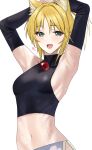  1girl absurdres animal_ear_fluff animal_ears armpits arms_up blonde_hair breasts commentary_request commission crop_top dog_days elbow_gloves fox_ears fox_girl gloves green_eyes highres medium_breasts midriff navel pixiv_commission pol_winner smile sweat sweaty_armpits yukikaze_panettone 