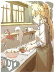  1girl animal_ear_fluff animal_ears apron blonde_hair blue_eyes blush bowl brown_apron closed_mouth commentary_request cooking cutting_board fox_ears fox_girl glasses highres holding holding_knife indoors jacket knife kuro_kosyou long_hair long_sleeves original peeler ponytail puffy_long_sleeves puffy_sleeves shelf shikigami sidelocks sink solo white_jacket window 