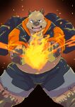 2024 absurd_res anthro belly big_belly blue_eyes bottomwear brown_body clothing fire hi_res humanoid_hands kemono lost_out_gi magic male mammal overweight overweight_male shorts solo