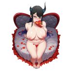  1girl asymmetrical_horns black_hair blue_hair blush box breasts chocolate collarbone colored_inner_hair completely_nude crystal_horn demon_horns earrings food hair_ornament heart heart-shaped_box highres holding holding_chocolate holding_food hololive hololive_english horn_flower horns jewelry large_breasts long_hair looking_at_viewer mole mole_under_eye multicolored_hair myth1carts nerissa_ravencroft nipples nude red_eyes smile solo split-color_hair tassel tassel_hair_ornament two-tone_hair two-tone_nails uneven_horns valentine very_long_hair virtual_youtuber 