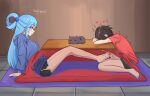  2girls aqua_(konosuba) arm_support black_cat black_hair black_shorts blue_eyes blue_hair blue_hoodie cat chomusuke cum cum_on_body cum_on_feet ejaculation english_text erection footjob from_side futa_with_female futanari hair_rings heart highres hood hoodie indoors kono_subarashii_sekai_ni_shukufuku_wo! kotatsu kurofuro legs long_hair looking_at_another megumin multiple_girls penis projectile_cum red_shirt shirt short_hair shorts sitting table two-footed_footjob uncensored under_kotatsu under_table x-ray 