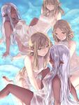  5girls aqua_eyes bare_arms barefoot blonde_hair blue_eyes breasts brown_hair closed_eyes closed_mouth commentary_request dark-skinned_female dark_skin elf fingering group_sex highres large_breasts long_hair looking_at_another medium_hair multiple_girls naked_towel one-piece_swimsuit open_mouth original partially_submerged pointy_ears purple_eyes purple_hair see-through small_breasts smile sweat swimsuit takekawa_shin towel tribadism water wet white_one-piece_swimsuit yuri 
