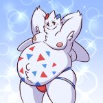 anthro anthrofied armpit_tuft clothing eggbert generation_4_pokemon hands_behind_head hi_res humanoid jockstrap male navel nintendo nipples noseless outie_navel overweight overweight_male pink_nipples pokemon pokemon_(species) pregnant pregnant_male ratasstouille simple_background small_wings solo standing thick_thighs togekiss underwear wide_hips winged_humanoid wings