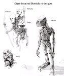  bionicle character_name clenched_hands drill english_commentary english_text fire greyscale h.r._giger_(style) highres holding holding_staff humanoid_robot kanohi_(bionicle) looking_down mantleheart mask monochrome no_humans nokama_(bionicle) nuju_(bionicle) onua_(bionicle) pohatu_(bionicle) polearm redesign robot shadow staff the_lego_group trident turbine vakama_(bionicle) weapon 