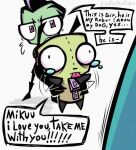  1girl 2boys alien aqua_hair colored_skin crossover gir_(invader_zim) green_skin happy hatsune_miku invader_zim linterteatime long_hair multiple_boys necktie purple_eyes speech_bubble toon_(style) twintails vocaloid zim_(invader_zim) zipper 