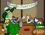 alcohol anthro banner beer beer_pitcher beverage black_body black_fur black_nose blue_hair briefs brown_body brown_fur clothed clothing drink_glass english_text equid equine eyelashes female foxmanad fur green_body green_necktie green_scales green_text grey_body grey_fur group hair holding_glass holding_object holidays kissing lamp_top male male/female mammal mustelid musteline navel necktie open_mouth overweight overweight_male pantsless pantsless_male procyonid raccoon reptile scales scalie signature st._patrick&#039;s_day tan_body tan_fur teeth_showing text tighty_whities tongue_showing topless true_musteline underwear weasel white_body white_briefs white_clothing white_fur white_underwear yellow_body yellow_fur