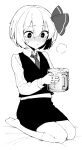  1641_(chfhrtor94) 1girl absurdres ascot bed_sheet blush closed_mouth collared_shirt commentary_request cup double-parted_bangs fingernails greyscale hair_ribbon heart heart-shaped_pupils highres holding holding_cup kneehighs korean_commentary long_sleeves monochrome mug nose_blush pencil_skirt ribbon rumia seiza shirt short_hair sitting skirt socks solo steam suggestive_fluid sweatdrop symbol-shaped_pupils touhou vest white_background 