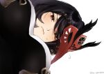  1girl black_eyes black_hair breasts closed_mouth commentary_request from_below genshin_impact highres kujou_sara large_breasts looking_at_viewer mask mask_on_head na_genshin red_mask solo twitter_username 
