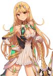  1girl 20060715 absurdres armor blonde_hair blush breasts brown_eyes cleavage closed_mouth dangle_earrings earrings hand_on_hilt highres jewelry large_breasts looking_at_viewer mythra_(xenoblade) simple_background smile solo white_background xenoblade_chronicles_(series) xenoblade_chronicles_2 