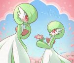  blush bob_cut colored_skin dress field flower flower_field from_side gardevoir gardevoir_day green_hair hair_over_one_eye holding holding_flower multicolored_skin nekonon pink_eyes pokemon pokemon_(creature) size_difference smile two-tone_skin white_dress white_skin 