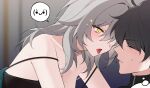  1boy after_kiss bechu black_hair blush breasts cleavage couple dan_heng_(honkai:_star_rail) french_kiss grey_hair hair_between_eyes highres honkai:_star_rail honkai_(series) kiss medium_hair open_mouth saliva saliva_trail short_hair stelle_(honkai:_star_rail) sweatdrop tongue tongue_out trailblazer_(honkai:_star_rail) yellow_eyes 