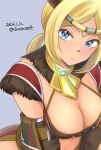  1girl 2024 adventurer_(ff11) animal_ear_fluff animal_ears blonde_hair blue_eyes breasts brown_tail cat_ears cat_girl cat_tail chatarou_bekkan circlet cleavage closed_mouth dated eyelashes final_fantasy final_fantasy_xi grey_background highres medium_breasts mithra_(ff11) no_eyebrows parted_bangs short_hair simple_background solo tail twitter_username 