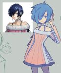  1boy bare_shoulders blue_eyes blue_hair cosplay crossdressing dress expressionless mangohcake pantyhose persona persona_3 photo-referenced pink_dress short_hair skirt solo takeba_yukari yuuki_makoto_(persona_3) 