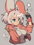  1girl ? animal_ears black_gloves bracelet breasts closed_mouth collar elphelt_valentine fake_animal_ears fingerless_gloves gloves green_eyes grey_hair guilty_gear guilty_gear_strive highres itsuka_neru jacket jewelry large_breasts long_sleeves pink_jacket rabbit_ears short_hair solo spiked_bracelet spiked_collar spikes spoken_question_mark 