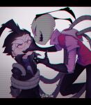  2boys alien artist_name backpack bag black_hair captured closed_eyes colored_skin dib_(invader_zim) fangs glasses gloves green_skin hand_on_another&#039;s_head invader_zim mechanical_arms multiple_boys pink_eyes short_hair yoyochaan zim_(invader_zim) 