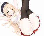  1girl arm_behind_head ass azur_lane beret black_thighhighs blonde_hair blush breasts choker crossed_legs fiji_(azur_lane) green_eyes hat large_breasts legs_up long_hair looking_at_viewer lying on_back outstretched_arm panties red_skirt sa_(nax49) skirt smile solo thighhighs thighs underwear very_long_hair white_background white_panties 