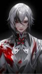  1girl arlecchino_(genshin_impact) black_background black_hair blood blood_on_clothes coat commentary genshin_impact grey_coat grey_hair long_hair red_eyes solo to_e upper_body 