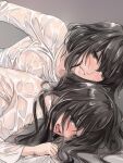  2girls black_eyes black_hair blush commentary_request grey_background highres implied_fingering long_hair long_sleeves looking_at_another medium_hair multiple_girls open_mouth original shirt simple_background smile takekawa_shin tongue tongue_out upper_body wet wet_clothes wet_hair wet_shirt white_shirt yuri 