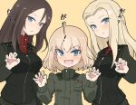  3girls black_hair blonde_hair blue_eyes clara_(girls_und_panzer) claw_pose commentary fang girls_und_panzer green_jacket green_jumpsuit hinomaru_(futagun) jacket jumpsuit katyusha_(girls_und_panzer) long_hair multiple_girls nonna_(girls_und_panzer) open_mouth pravda_military_uniform red_shirt shirt short_hair translation_request turtleneck vest yellow_background 