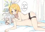  1boy 1girl ahoge androgynous bed_sheet blonde_hair blue_eyes blush bow breasts bright_pupils closed_mouth collarbone completely_nude cum dildo ejaculating_while_penetrated ejaculation english_text femdom hair_bow hair_ornament hairclip heart huge_ahoge kagamine_rin looking_at_another medium_breasts moaning nude on_bed pegging poster_(object) saliva saliva_trail second-party_source sex_toy short_hair smile smug speech_bubble stain strap-on swept_bangs tongue tongue_out utatane_piko vocaloid wai1010 white_bow white_hair white_pupils 