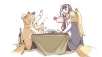  4girls :d ^_^ animal_ear_fluff animal_ears arm_up black_hair black_shirt blonde_hair blue_jacket blush bottle brown_jacket closed_eyes closed_mouth commentary_request facial_mark fang fang_out fox_ears fox_girl fox_tail glasses highres holding horns jacket kotatsu kuro_kosyou long_hair multiple_girls nose_blush oni open_clothes open_jacket original outstretched_arm oven_mitts ponytail red_eyes shadow shirt simple_background sitting smile table tail white_background white_jacket 