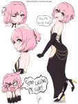  1girl :d absurdres angry artist_name ass backless_dress backless_outfit bare_back bare_shoulders black_dress black_footwear black_gloves black_ribbon blush bob_cut breasts chain commentary doki_doki_literature_club dress earrings elbow_gloves english_commentary eyelashes fang foot_up from_side full-face_blush gianxander gloves gold_chain hair_ornament hair_over_one_eye hair_ribbon halter_dress halterneck head_tilt high_heels highres hip_vent jewelry looking_to_the_side multiple_views natsuki_(doki_doki_literature_club) nose_blush one_eye_closed open_mouth pink_eyes pink_hair ribbon shoes short_hair shouting signature simple_background sleeveless sleeveless_dress small_breasts smile solo_focus speech_bubble standing swept_bangs tongue tongue_out twitter_username two-tone_footwear two_side_up v-shaped_eyebrows v-shaped_eyes wavy_mouth web_address white_background x_hair_ornament yellow_footwear 