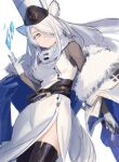  1girl animal_ear_fluff animal_ears arknights bad_hands black_thighhighs blue_coat breasts cat_ears cat_girl cat_tail coat commentary dress fur-trimmed_coat fur_trim hair_over_one_eye hand_up holding holding_staff ice kegani_(kegani01) long_hair looking_at_viewer magic material_growth medium_breasts oripathy_lesion_(arknights) santalla_(arknights) side_slit simple_background sketch smile solo staff tail thighhighs two-sided_coat two-sided_fabric white_background white_coat white_dress white_hair white_headwear yellow_eyes 